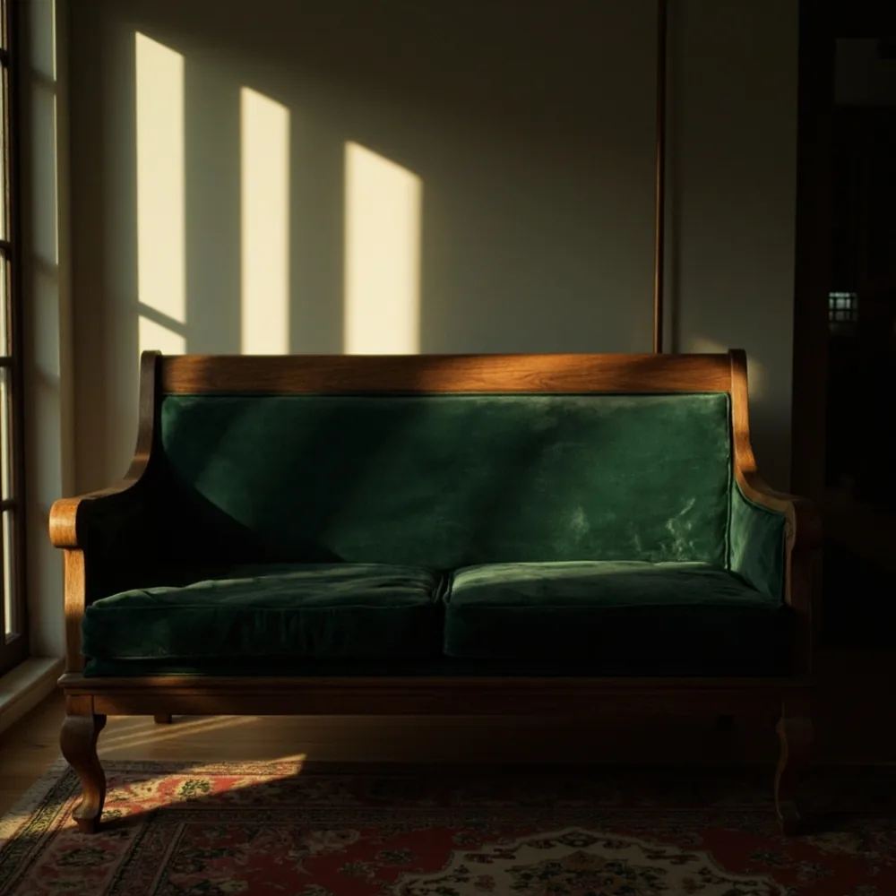 Sofa kayu pepejal gaya Amerika dengan kusyen chenille hijau tua dan bingkai oak di rumah teres Pulau Pinang