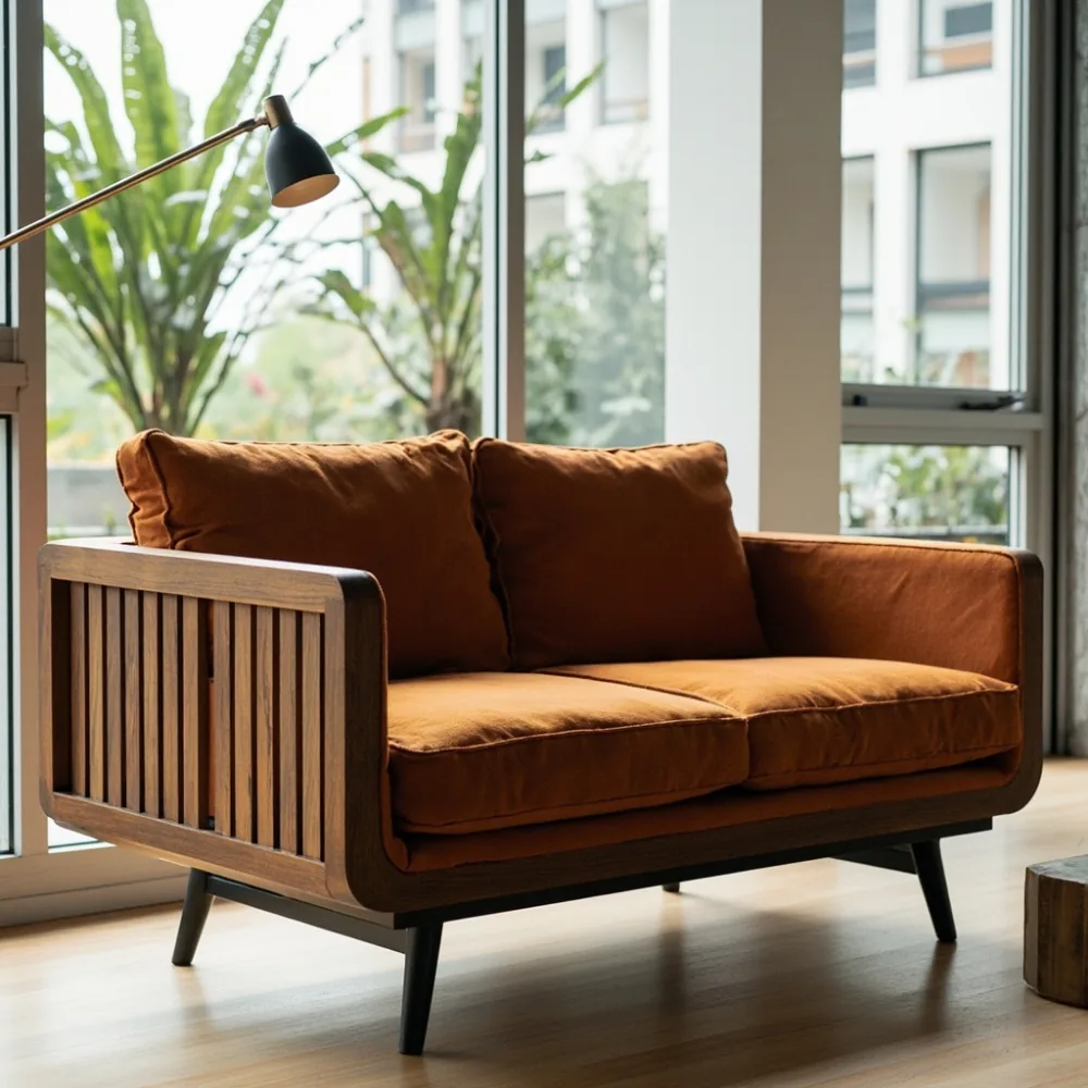 Sofa kayu pepejal gaya postmoden dengan kaki logam hitam matte di kondominium Johor Bahru dengan fabrik terracotta