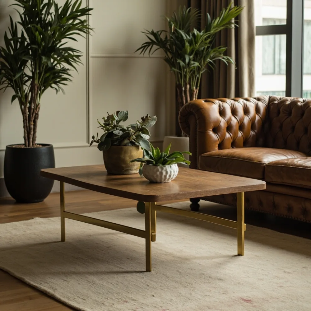 Set meja kopi postmoden walnut di sebelah sofa Chesterfield Amerika di kondominium KL