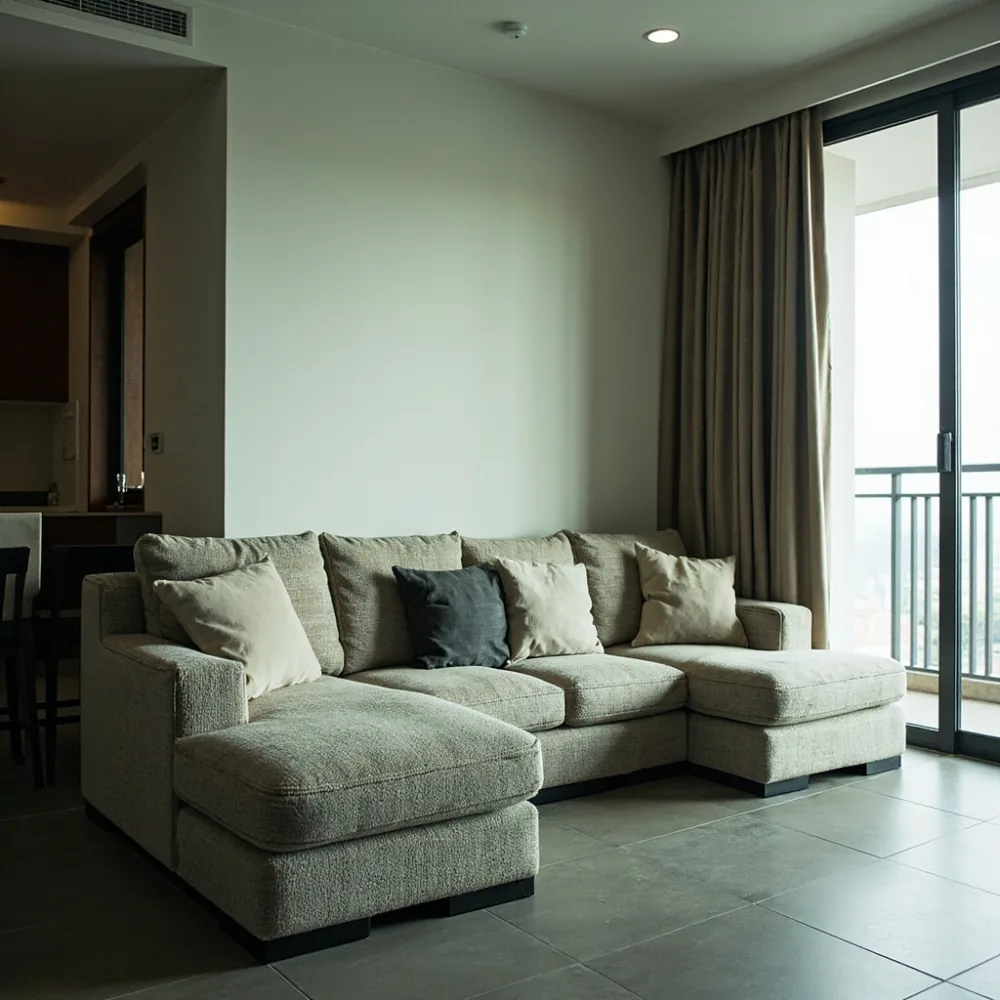 Sofa postmoden L-shape fabrik boucle di kondominium kecil Johor Bahru dengan lantai jubin kelabu dan pemandangan tropika