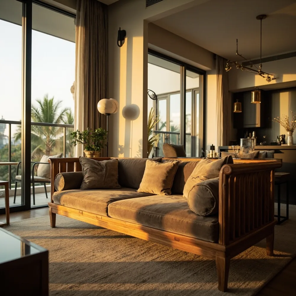 Sofa my kayu pepejal gaya Perancis di kondominium Kuala Lumpur