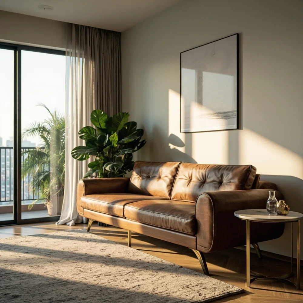 Sofa postmoden walnut dengan kaki loyang dalam kondominium KL
