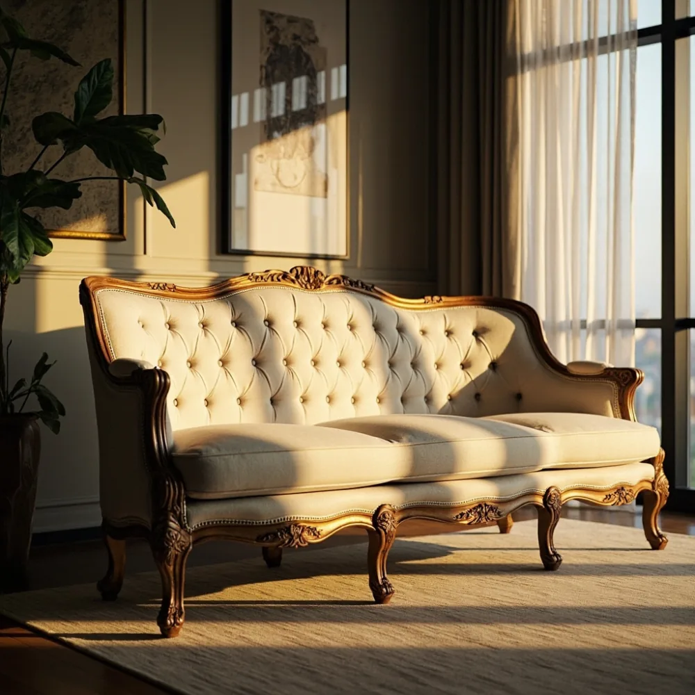 Sofa kayu pepejal gaya Perancis di ruang tamu kondominium Kuala Lumpur