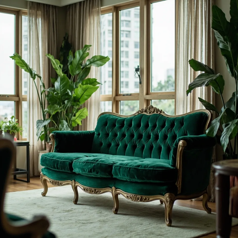 Sofa my kayu pepejal gaya Perancis mewah baldu hijau zamrud di ruang tamu kondominium Kuala Lumpur dengan jendela lantai ke siling dan cahaya tropika semula jadi