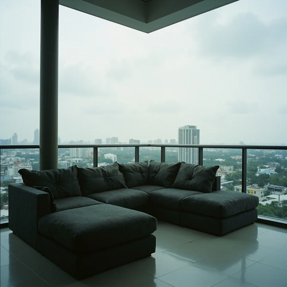 Sofa my postmoden modular fabrik performance weave kelabu arang di balkoni kondominium Johor Bahru dengan latar langit kota tropika