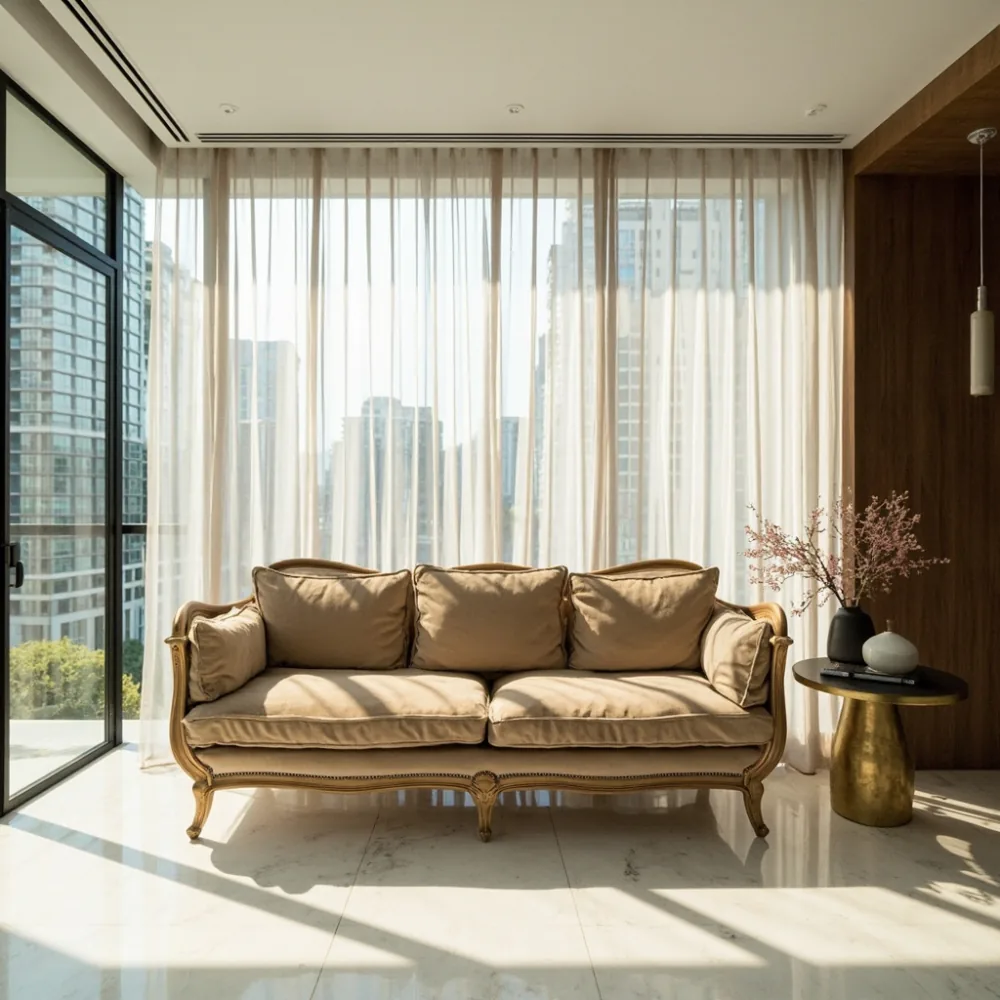 Sofa mewah Perancis kayu oak pepejal di ruang tamu kondominium Kuala Lumpur dengan kemasan champagne dan kaki cabriole