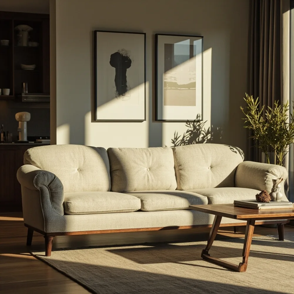 Sofa mewah Amerika walnut dengan fabrik boucle dan reka bentuk english roll-arm di rumah teres Johor Bahru