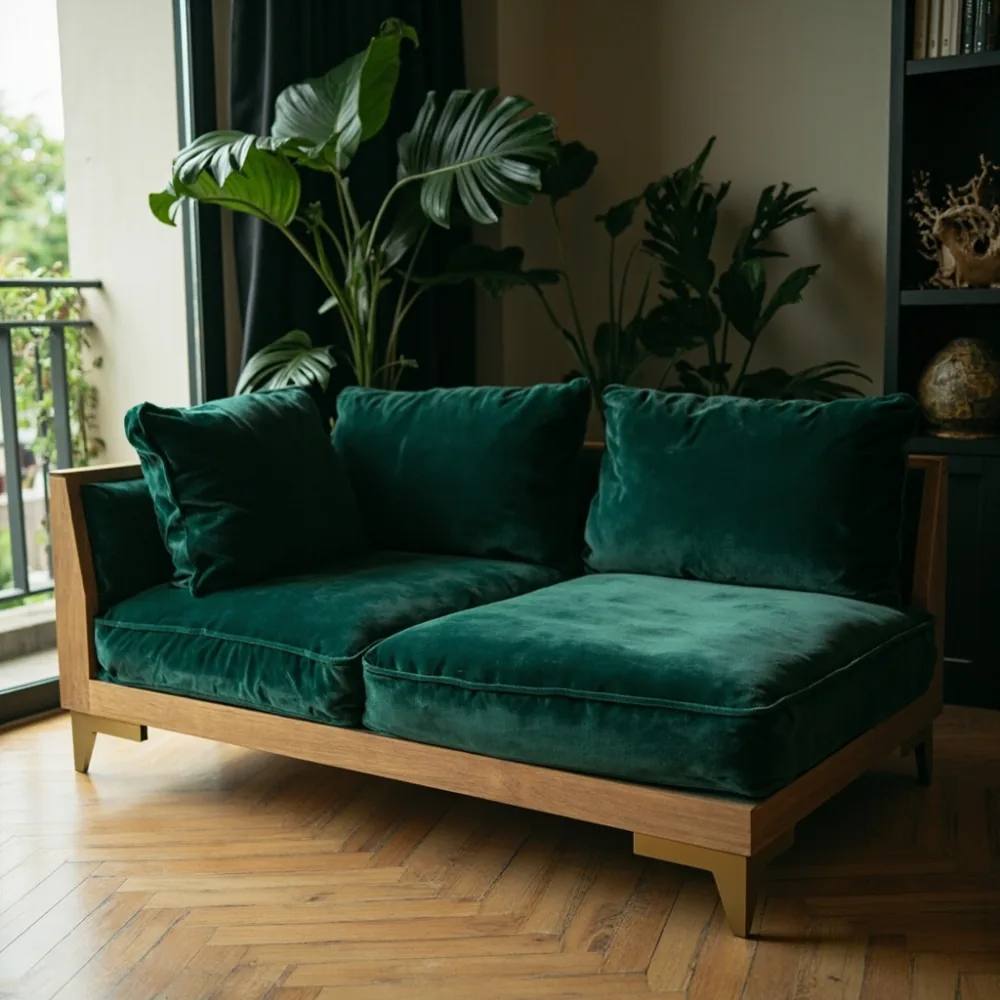 Sofa postmoden L-shape kayu oak pepejal dengan kusyen baldu emerald green di kondominium Pulau Pinang