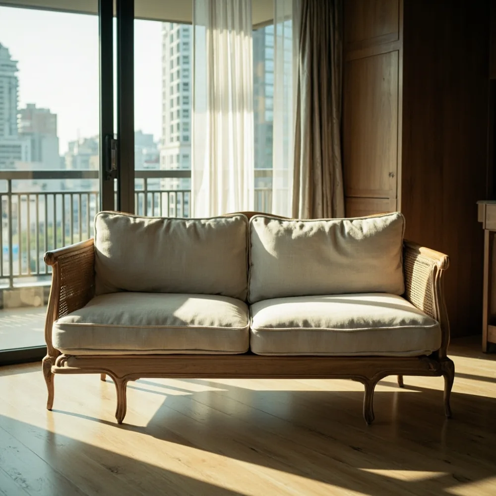 sofa Perancis Provençal kayu oak pepejal di ruang tamu kondominium Kuala Lumpur dengan cahaya petang