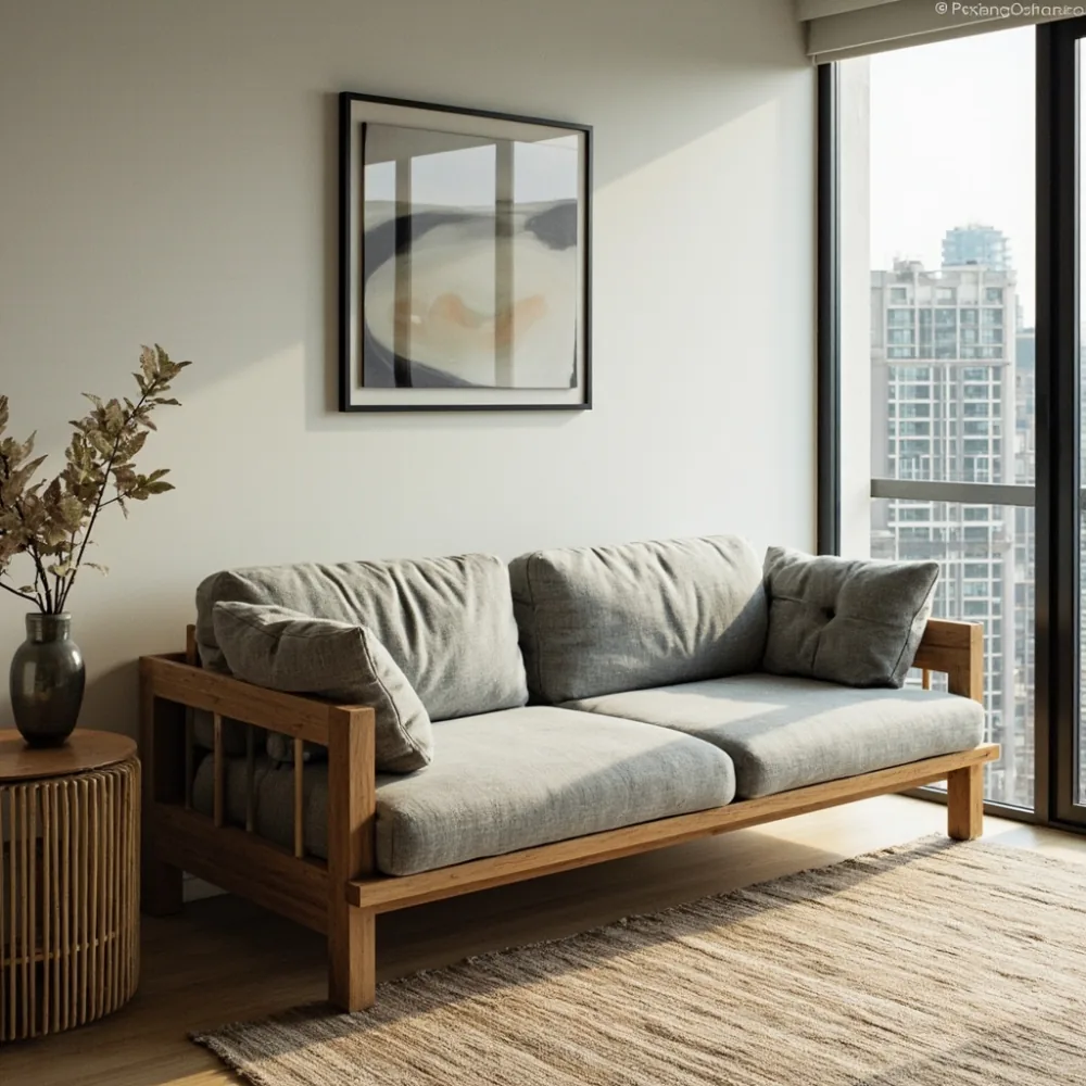 sofa postmoden modular kayu beech pepejal linen kelabu di sudut kondominium Johor Bahru