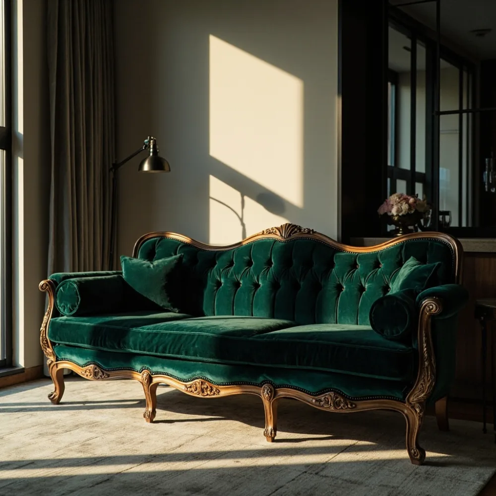 Sofa my mewah Perancis dengan upholsteri baldu emerald di kondominium Kuala Lumpur
