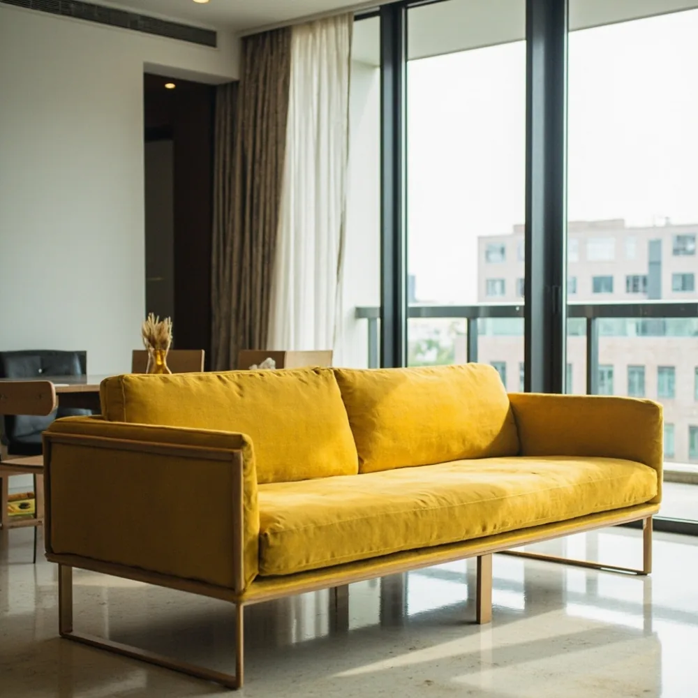 Sofa my postmoden geometri kuning mustard di kondominium moden Pulau Pinang