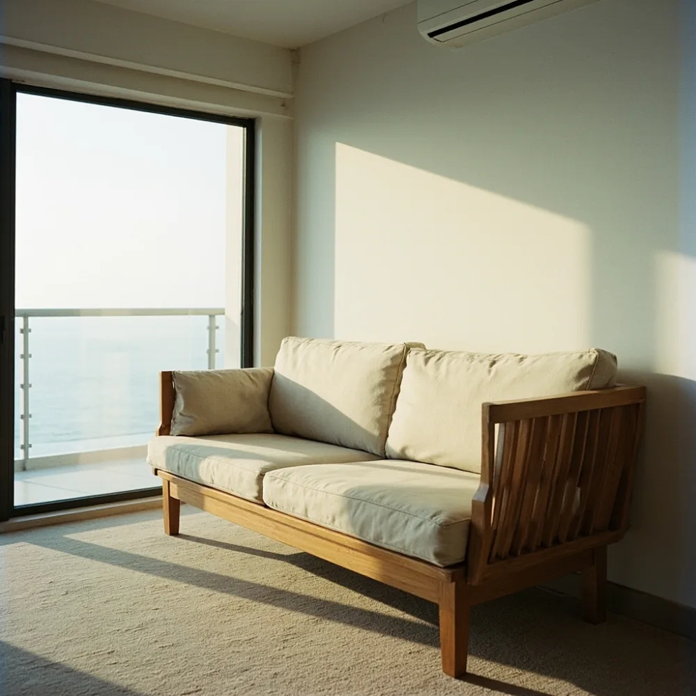 Sofa postmoden kayu pepejal dalam kondominium Pulau Pinang