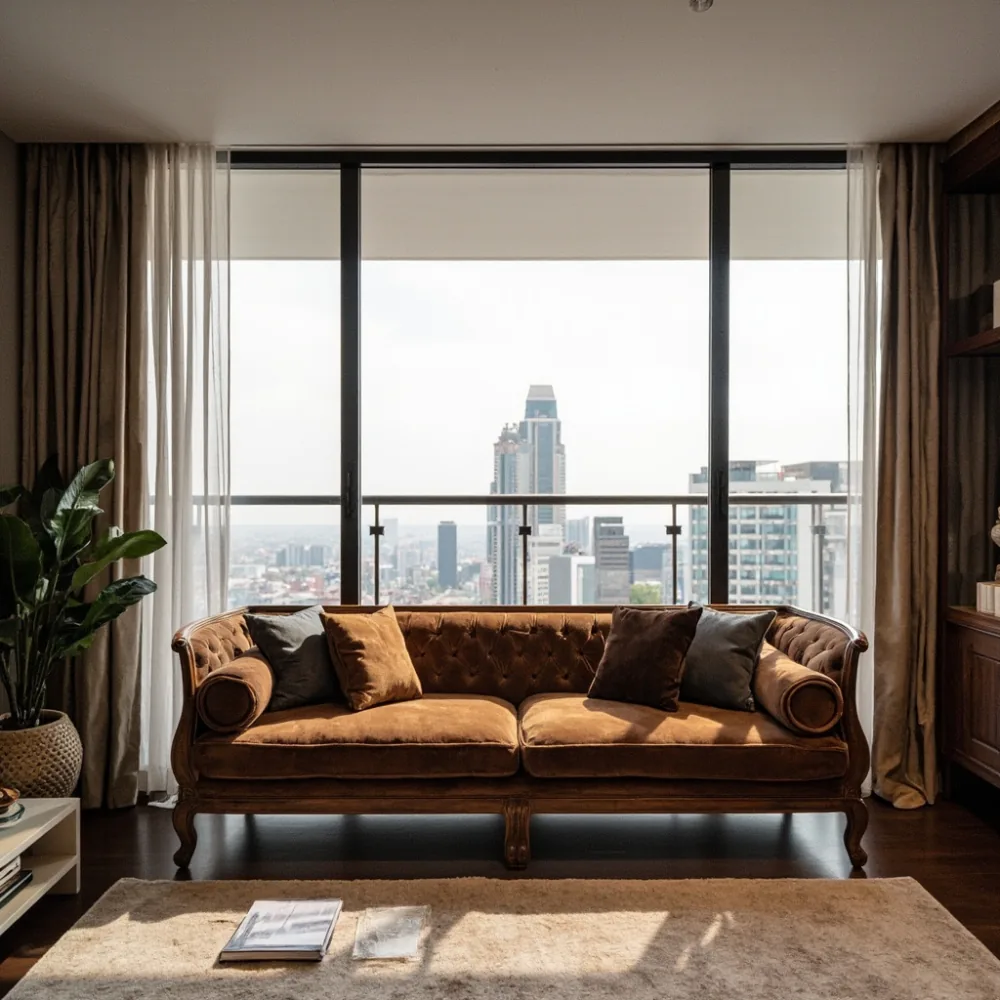 Sofa my kayu pepejal gaya Perancis mewah dalam ruang tamu kondominium KL