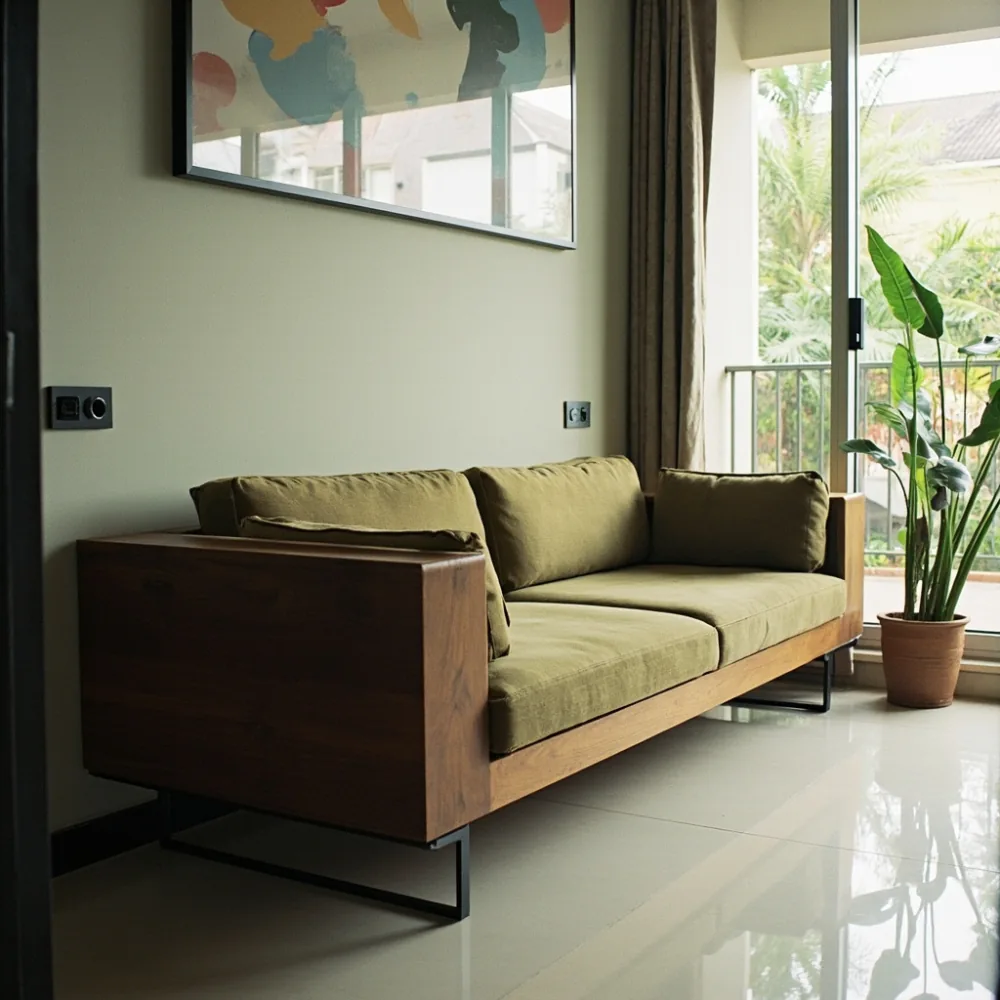 Sofa my kayu pepejal postmoden di kondominium Pulau Pinang tropika