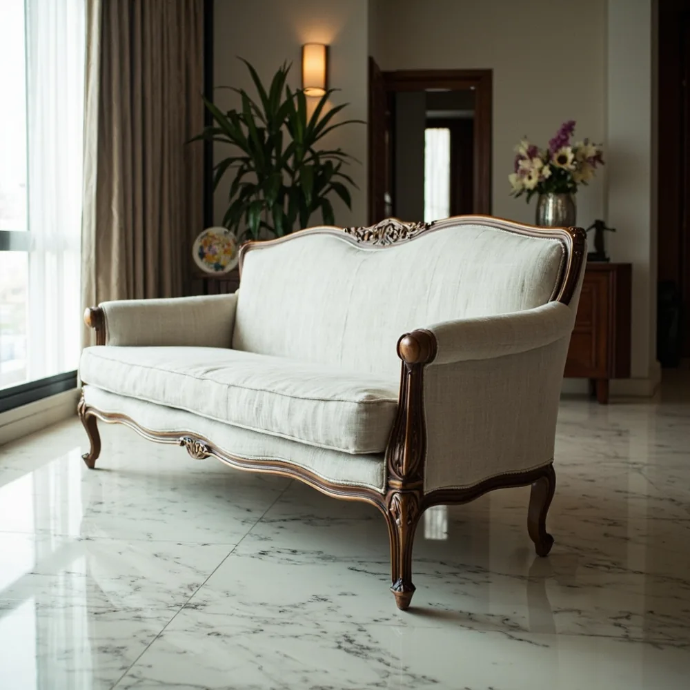 Sofa gaya Perancis kayu pepejal dalam kondominium Kuala Lumpur dengan lantai marble