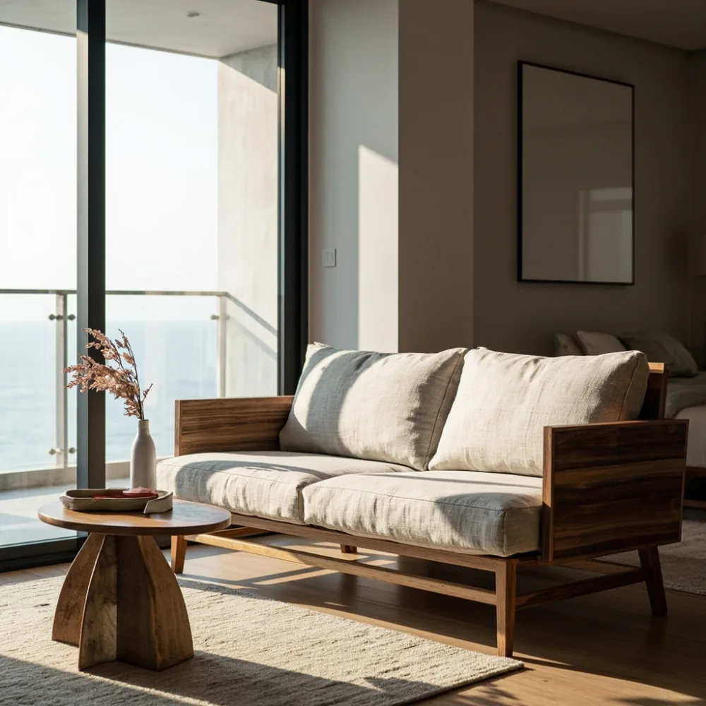 Sofa postmoden kayu walnut dengan meja sisi bulat dalam kondominium Pulau Pinang