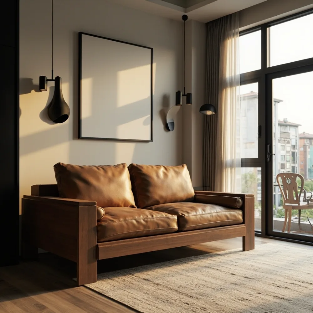 Sofa Amerika kayu walnut di teres Johor Bahru