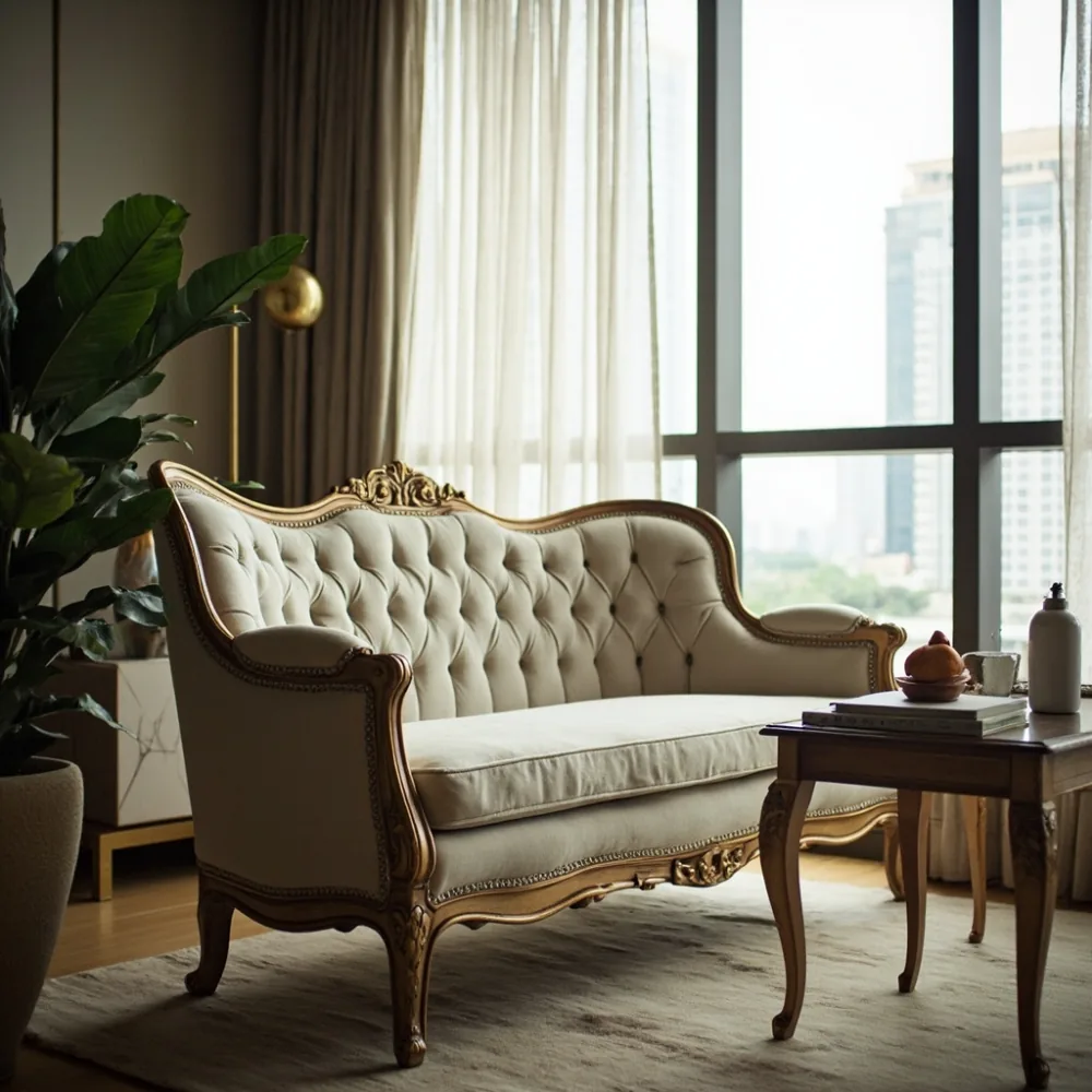 Sofa mewah Perancis kayu pepejal dengan kaki cabriole di ruang tamu kondominium Kuala Lumpur