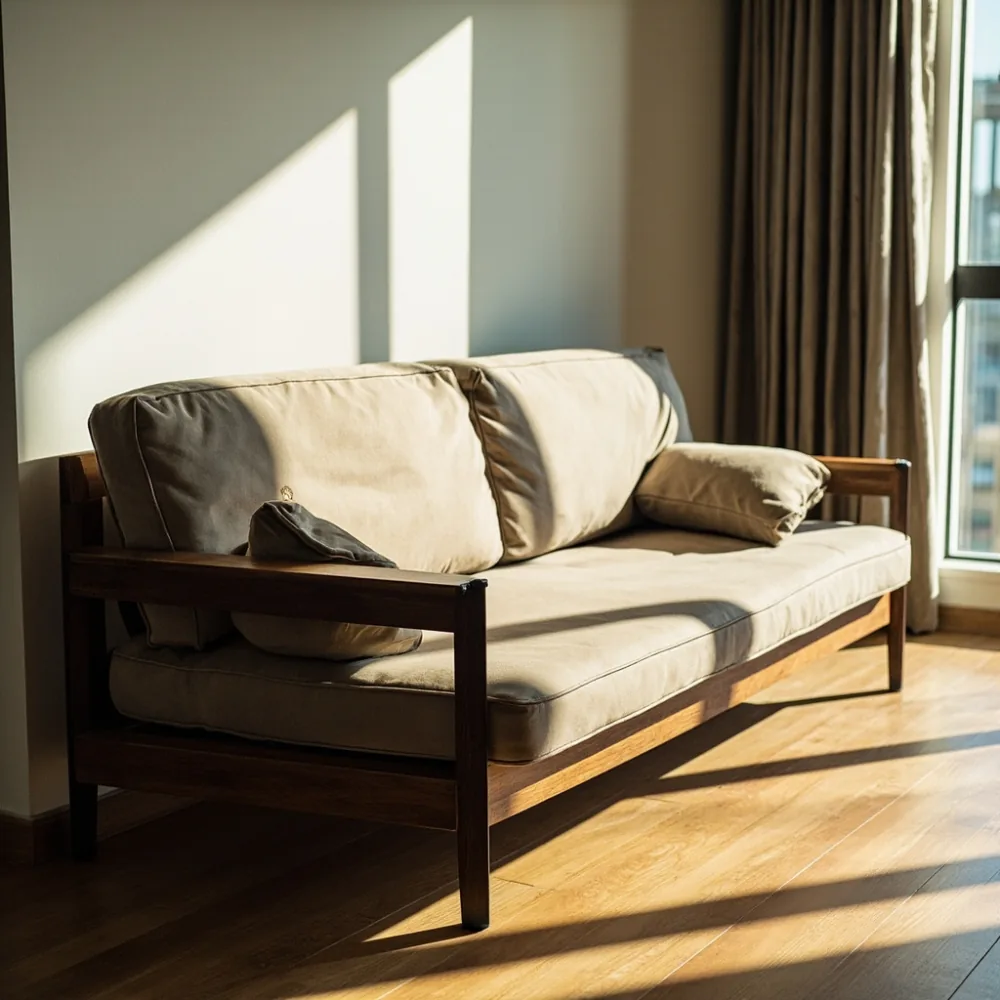 Sofa sectional Amerika kontemporari walnut gelap di ruang tamu teres Johor Bahru