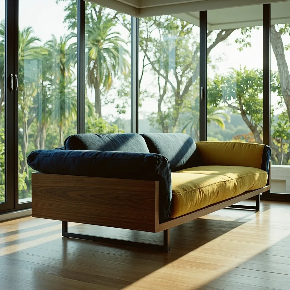 Sofa modular postmoden dua nada navy mustard di kondominium Pulau Pinang