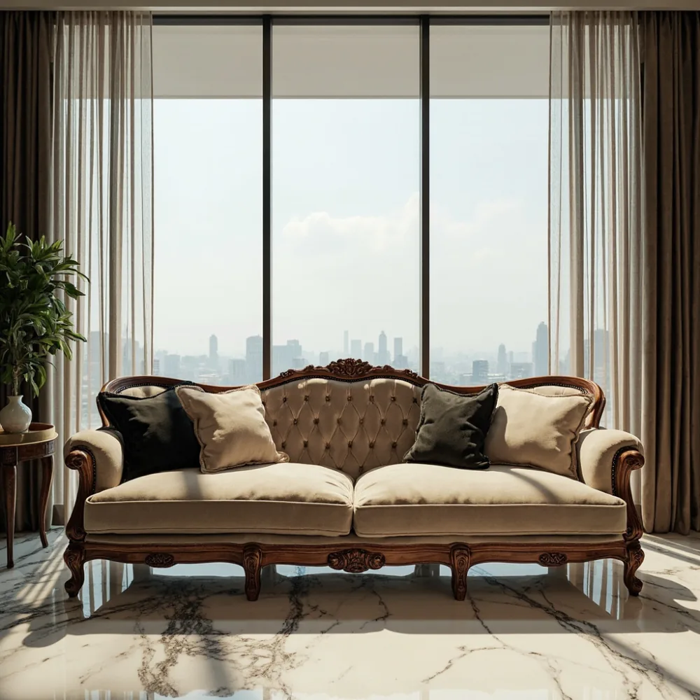 Sofa mewah Perancis kayu pepejal di ruang tamu kondominium Kuala Lumpur