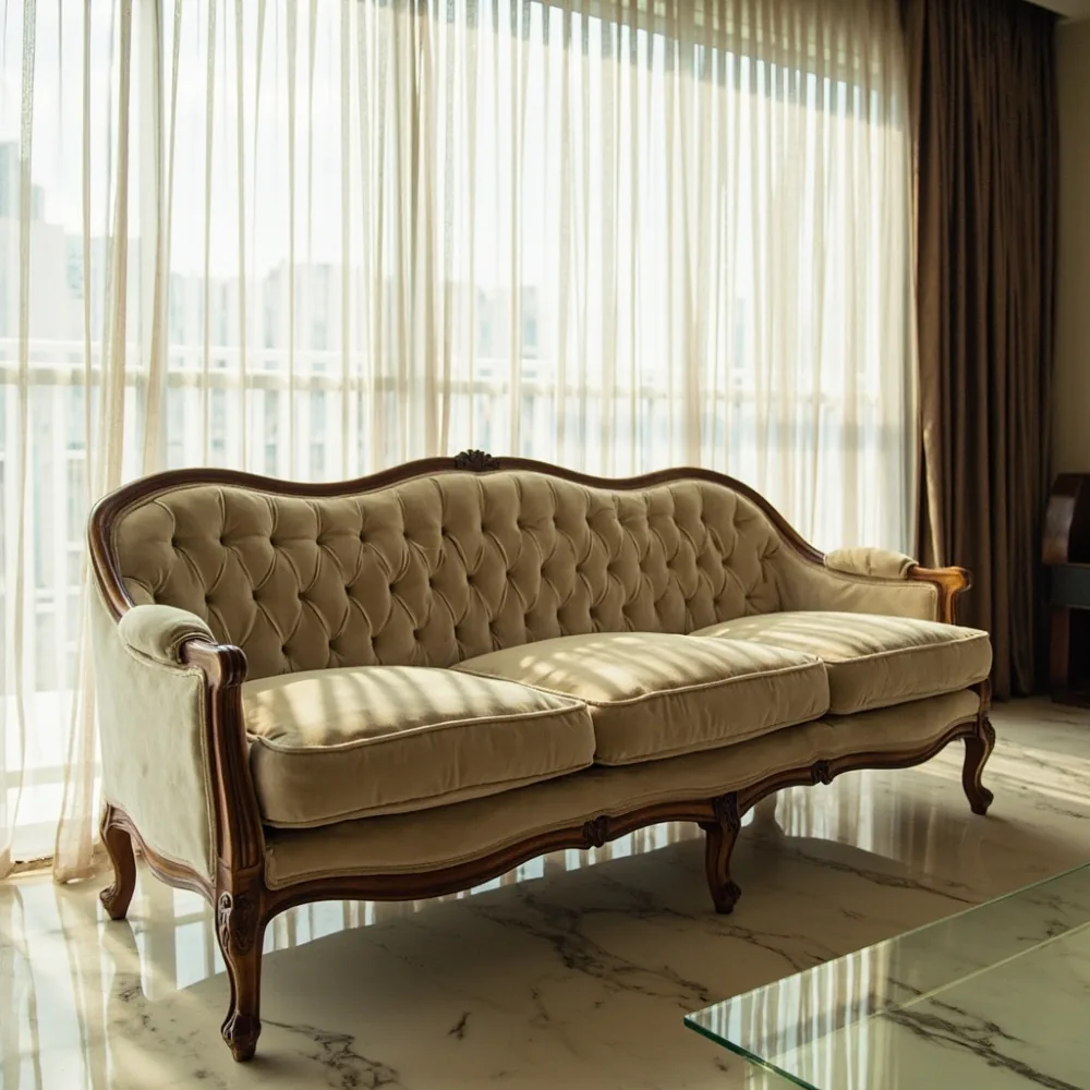 Sofa mewah gaya Perancis kayu jati untuk kondominium Kuala Lumpur