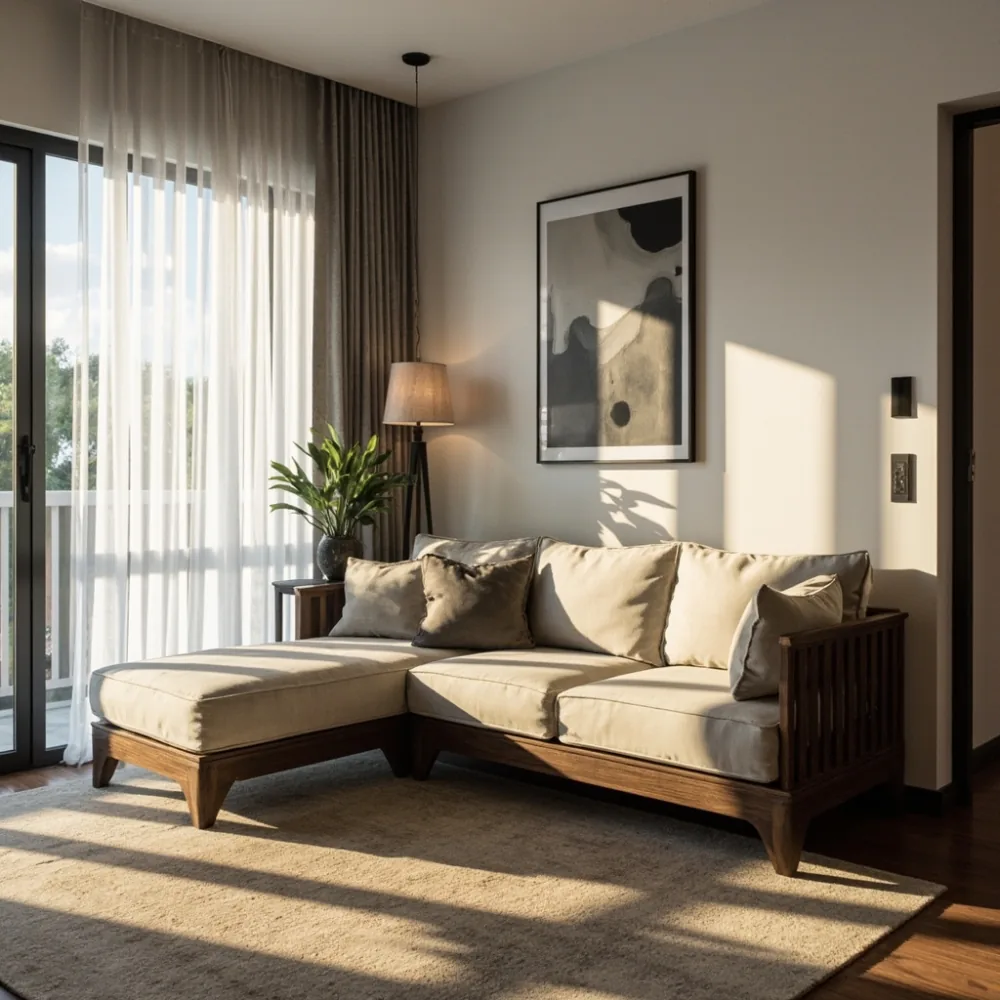 Sofa mewah postmoden kayu oak bentuk L untuk ruang tamu Johor Bahru