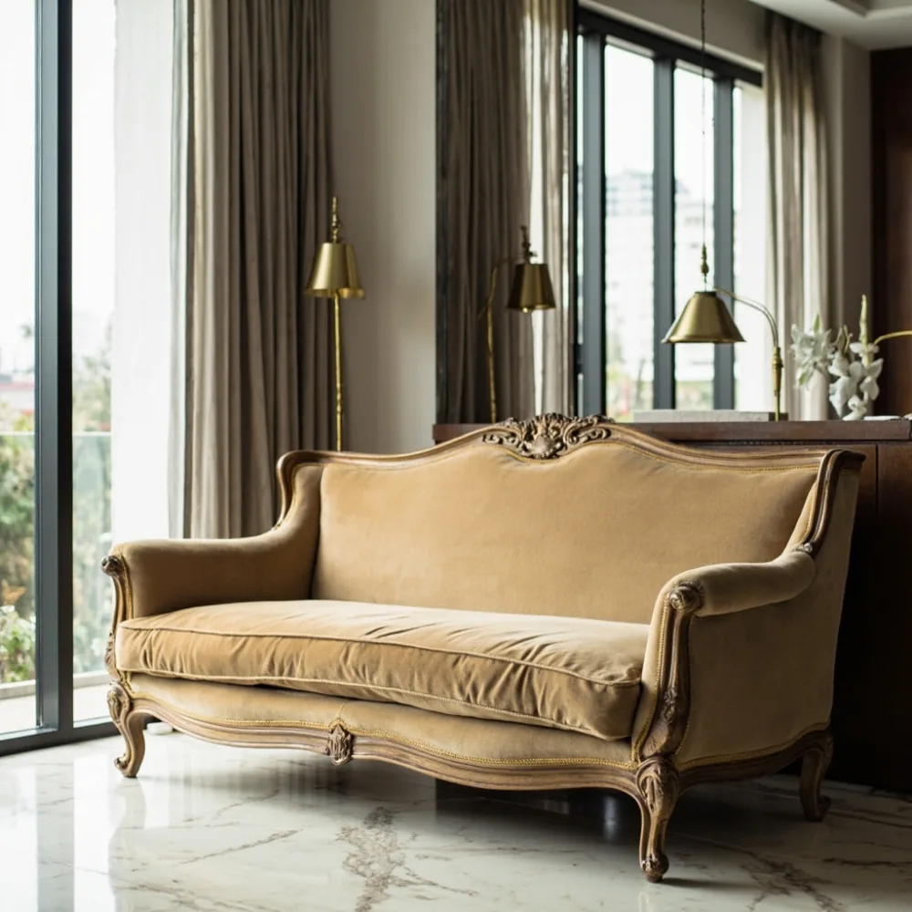 Sofa my gaya Perancis Louis XV baldu champagne dalam ruang tamu kondominium Kuala Lumpur