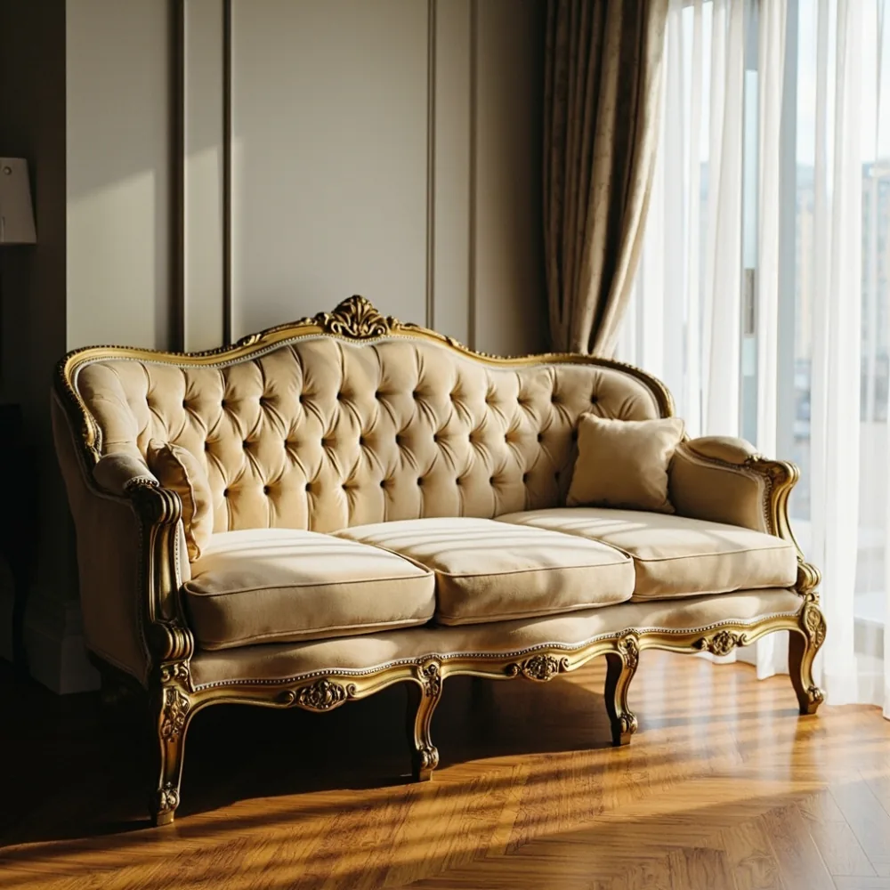 Sofa my kayu pepejal gaya Perancis mewah baldu champagne dalam ruang tamu kondominium Kuala Lumpur