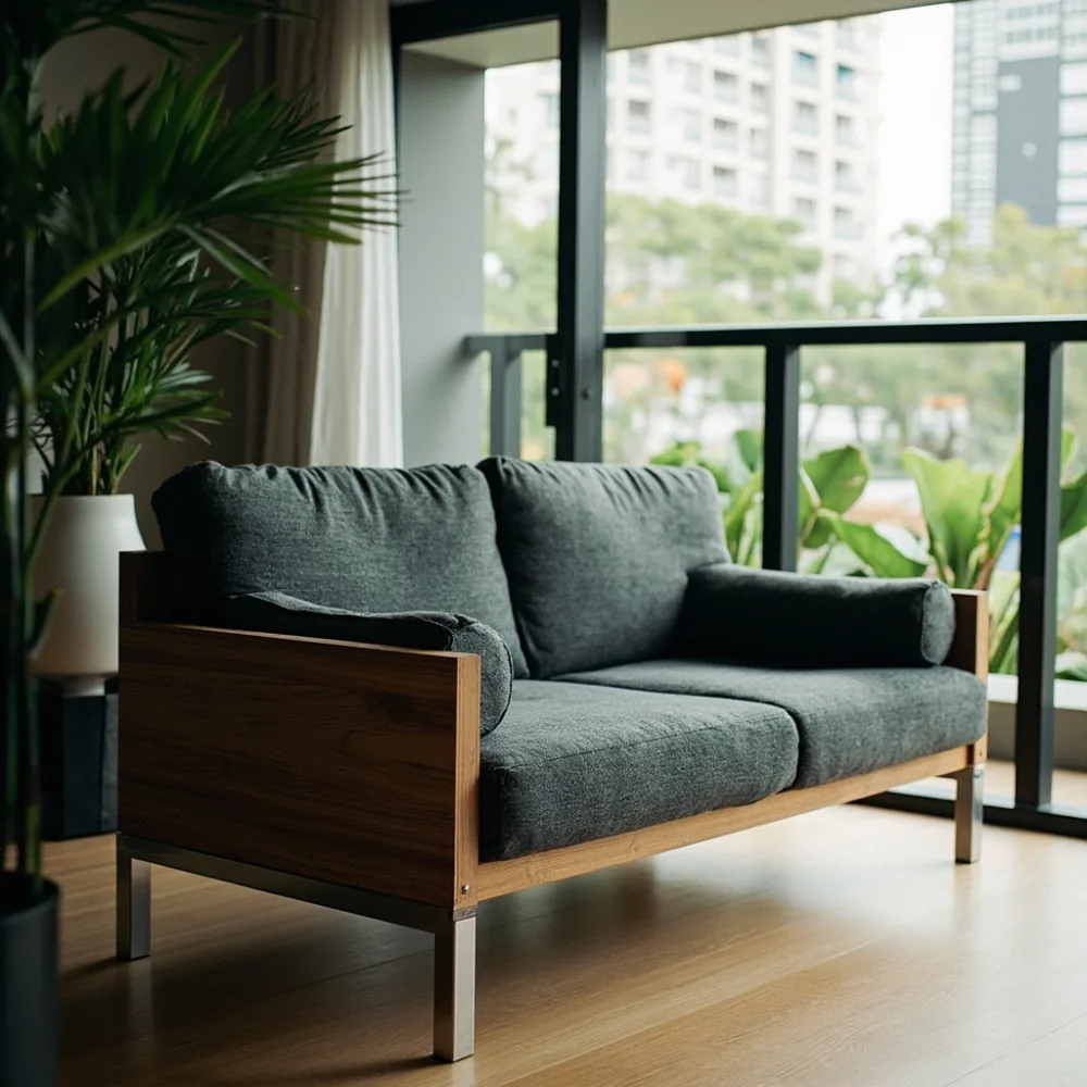 Sofa my postmoden kayu pepejal fabrik boucle charcoal grey di balkoni kondominium Pulau Pinang