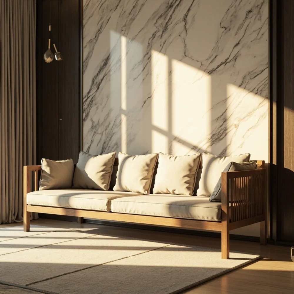 Sofa kayu pepejal gaya Perancis moden di ruang tamu kondominium Kuala Lumpur dengan dinding marmar