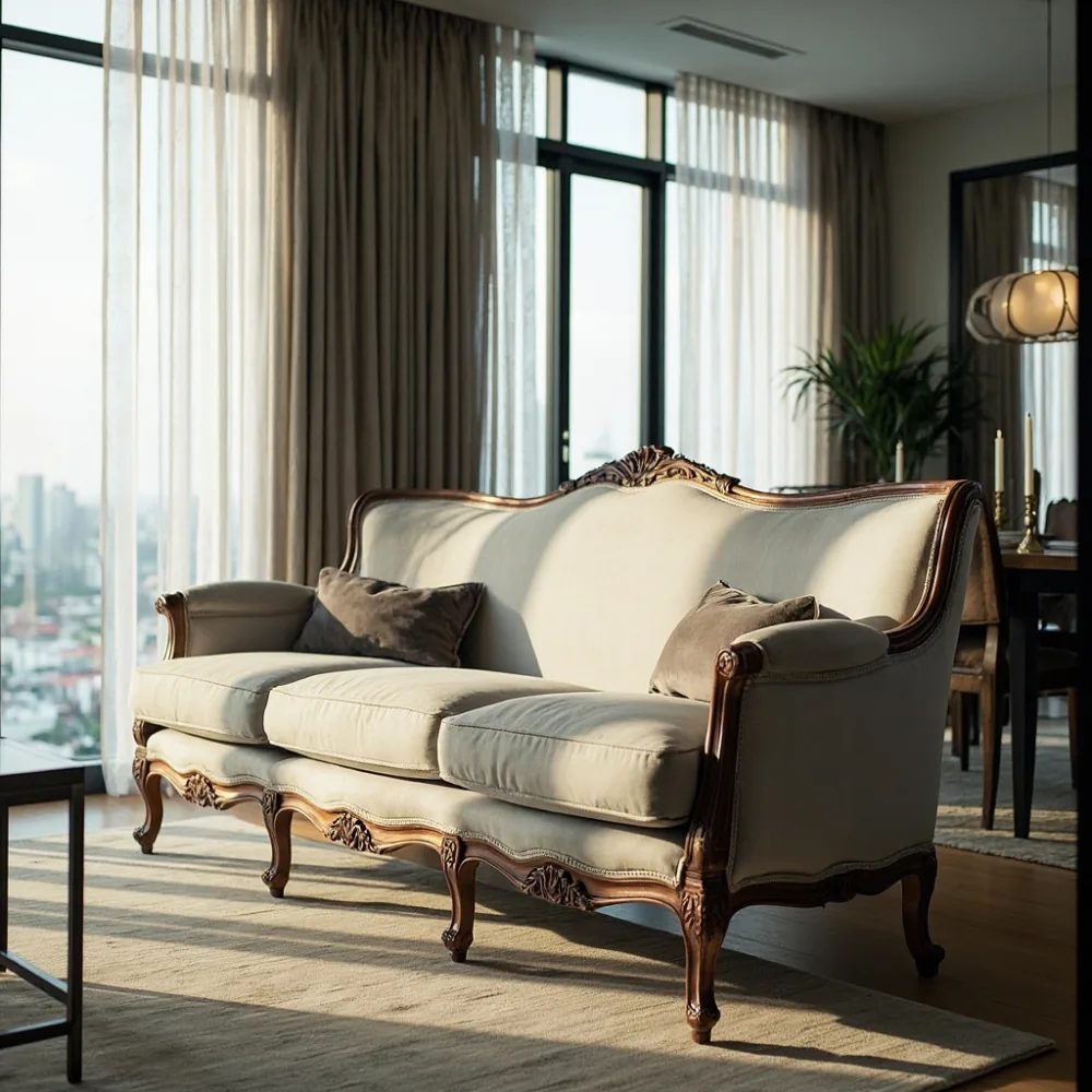 Sofa kayu pepejal gaya Perancis berwarna kelabu muda dengan ukiran tangan di konsuluk di ruang tamu kondominium Kuala Lumpur
