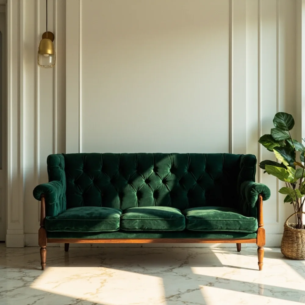 Sofa kayu walnut gaya Amerika kontemporari upholsteri baldu emerald di ruang tamu teres Pulau Pinang