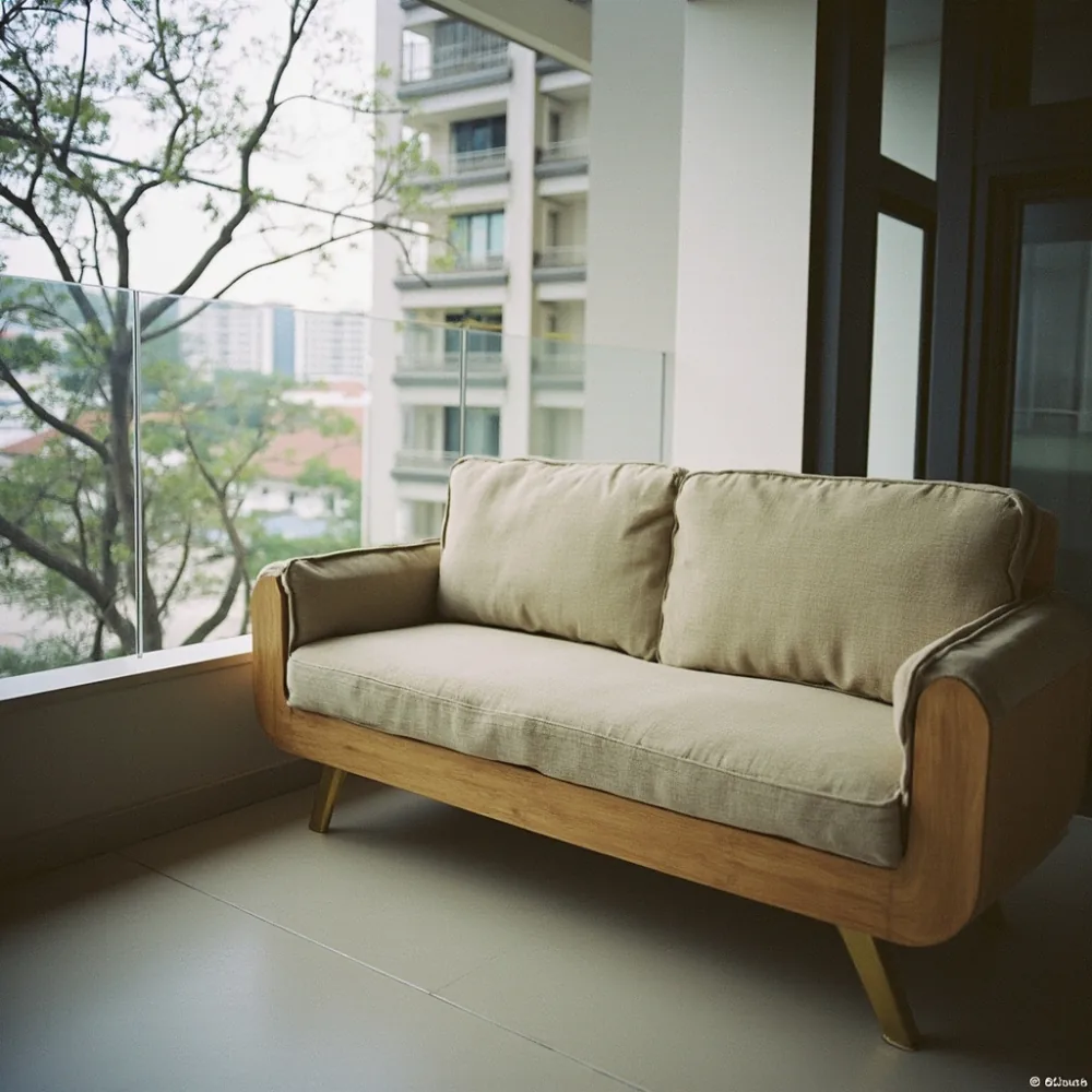 Sofa modular kayu ash gaya Postmoden dengan upholsteri beige di balkoni kondominium Johor Bahru