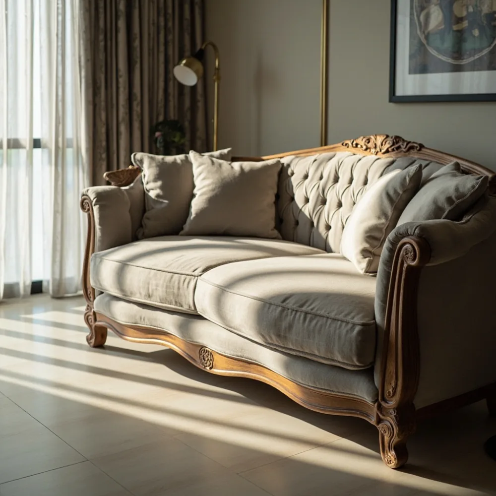 Sofa my gaya Perancis mewah dalam ruang tamu kondominium Kuala Lumpur dengan upholsteri beludru champagne