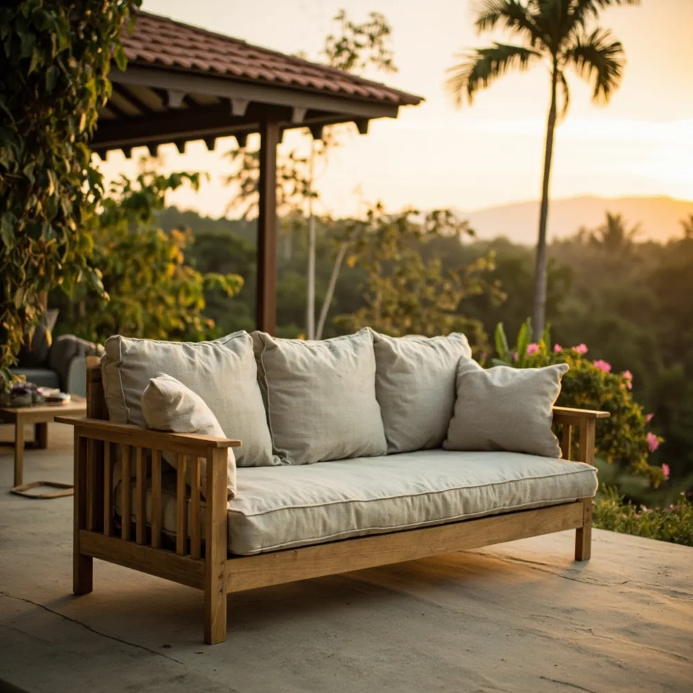 Sofa my gaya Amerika dengan kayu oak di teres tropika Johor Bahru waktu senja