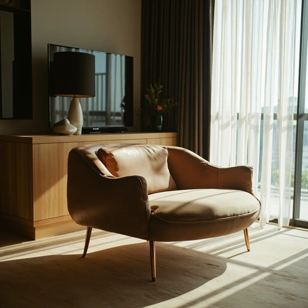 Sofa my postmoden dengan kaki logam emas mawar dalam kondominium Pulau Pinang