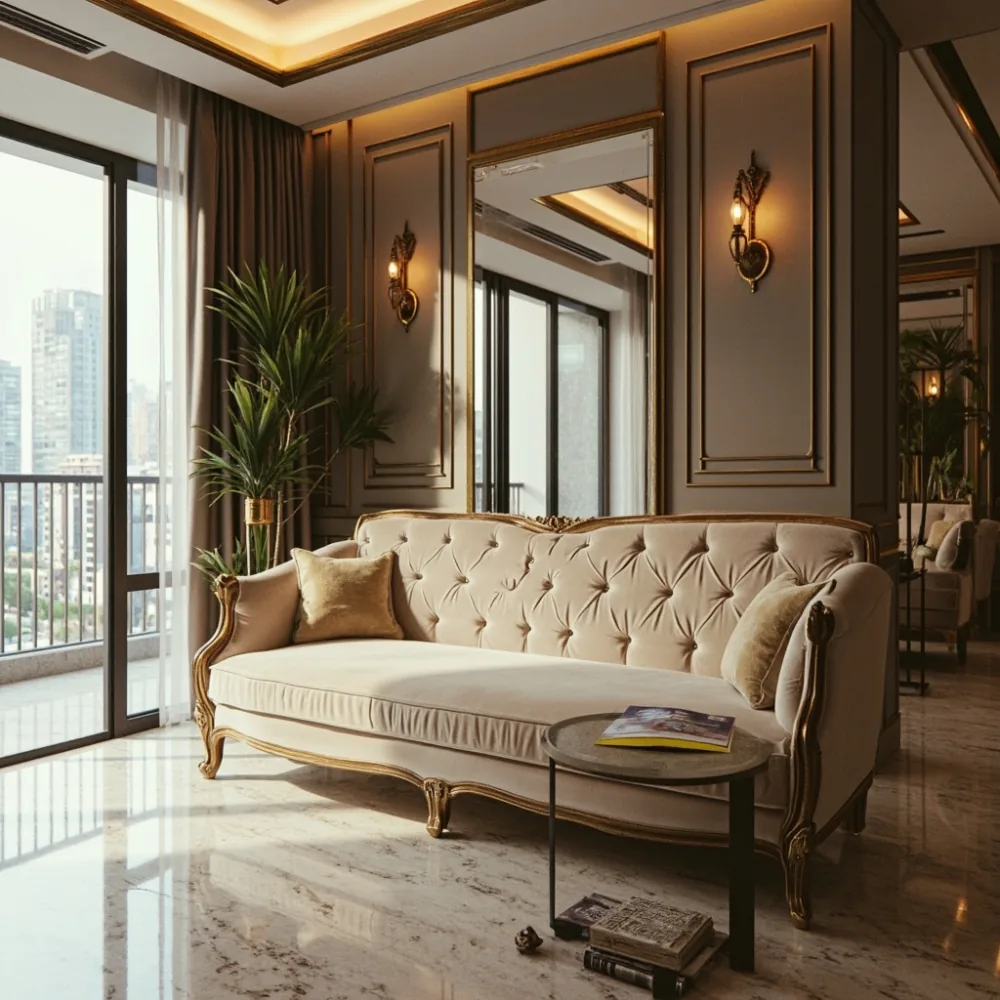 Sofa mewah Perancis baldu champagne dalam ruang tamu kondominium Kuala Lumpur