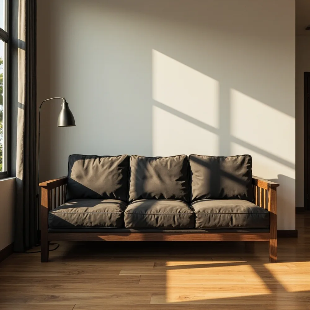 Sofa mewah Amerika tiga tempat duduk fabrik walnut dalam ruang tamu teres Johor Bahru