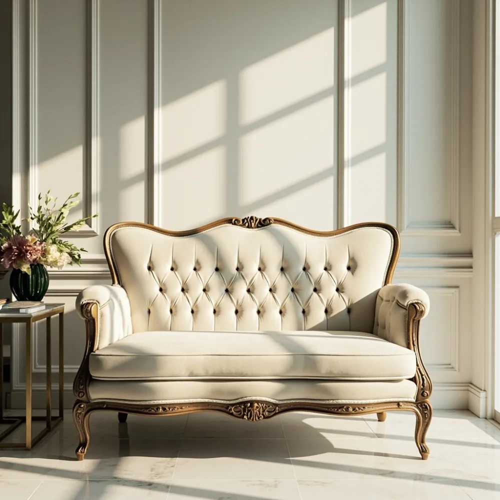 Sofa Perancis mewah kayu pepejal dua dudukan untuk kondominium kecil Kuala Lumpur dengan baldu ivory