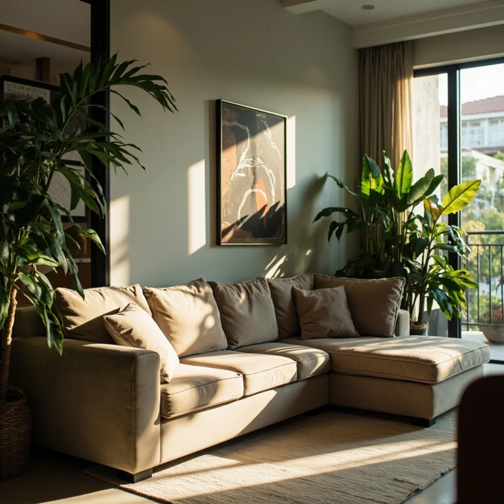 Sofa sectional Amerika tiga modul untuk rumah teres Johor Bahru dengan fabrik mikrotaupe