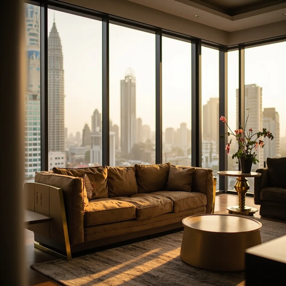 Sofa postmoden kayu oak dengan aksen logam kuningan untuk kondominium mewah Kuala Lumpur dengan pemandangan KLCC