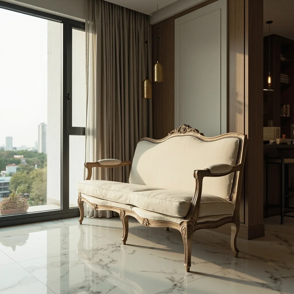 Sofa kayu pepejal gaya Perancis moden dalam ruang tamu kondominium Kuala Lumpur