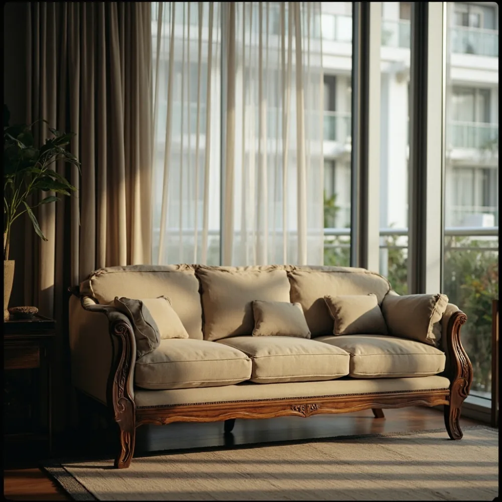 Sofa my kayu pepejal gaya mewah Perancis dalam kondominium Kuala Lumpur
