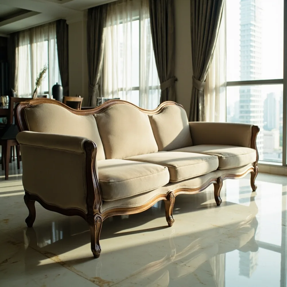 Sofa gaya Perancis kayu pepejal di kondominium Kuala Lumpur dengan cahaya alami