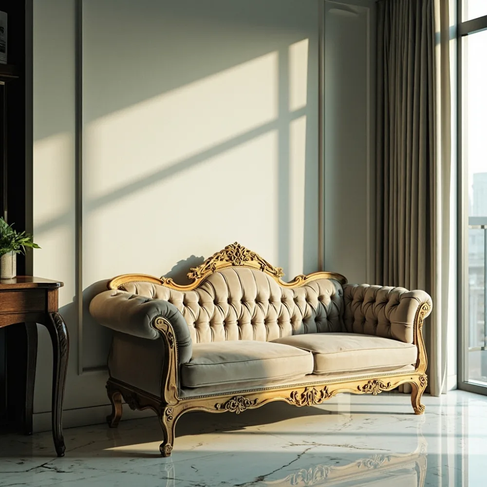Sofa my mewah gaya Perancis dalam kondominium Kuala Lumpur dengan lantai marmar