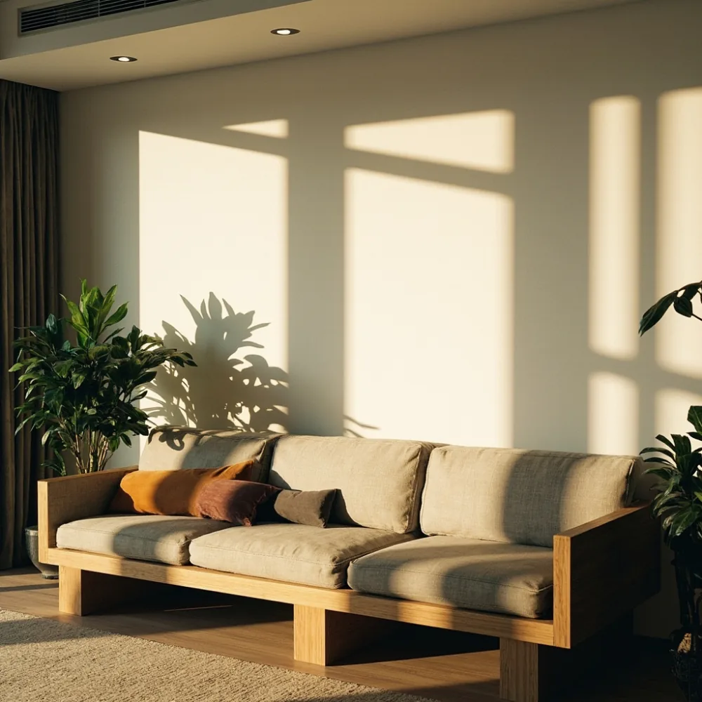 Sofa my geometri postmoden kayu pepejal dalam kondominium Pulau Pinang