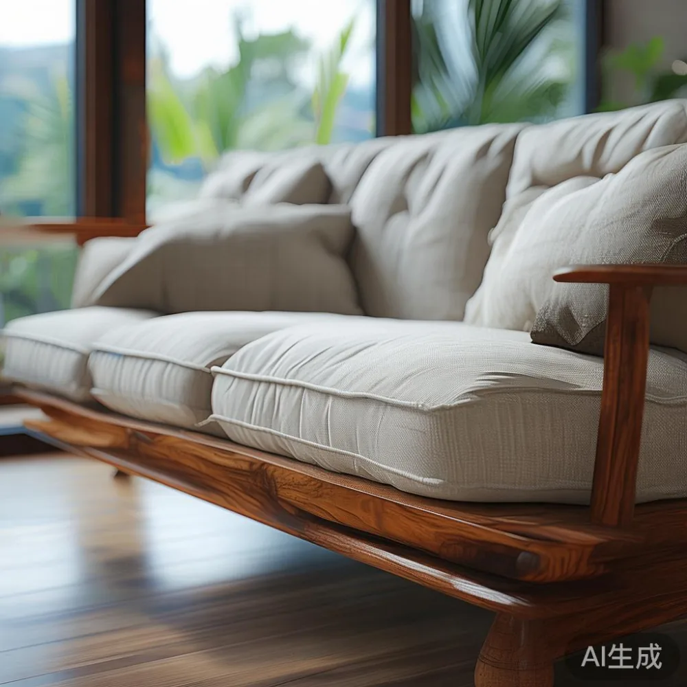 Sofa kayu pepejal walnut gaya Amerika dengan kusyen linen di kondominium Pulau Pinang