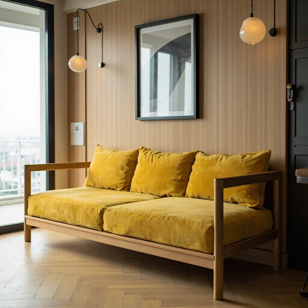 Sofa my postmoden kayu getah pepejal berwarna mustard di kondominium tropika Pulau Pinang